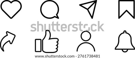 Social Media and Web Interface Outline Icons Set. Like, Comment, Share, User, Notification