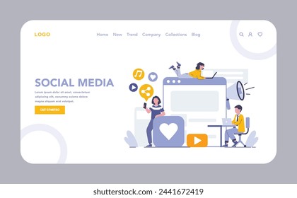 Social Media Web oder Landing Page. Interaktive Online-Plattformen für den Austausch von Nachrichten und Diskussionen über aktuelle Ereignisse. Digitales Community-Engagement und -Anschluss. Vektorgrafik.