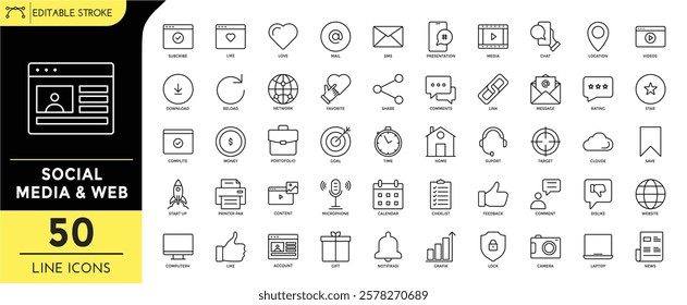 Social media and web line editable icon set. vector ilustration. social media and web icons, send, network, comments, startup, lock, website news, cloude rating, download and more.