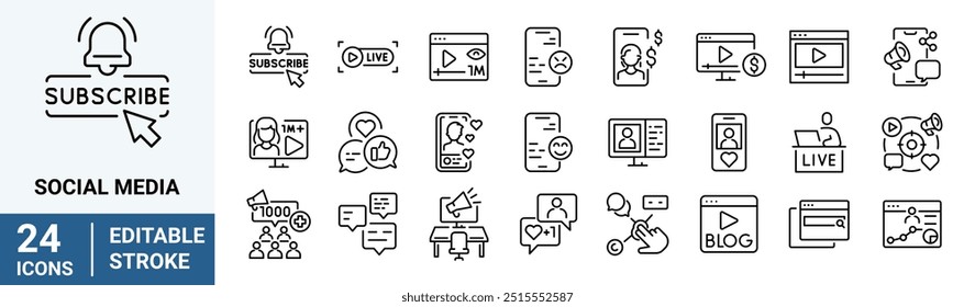 Social media web line icon set. Containing like, message, profile, social network, video, comment, sharing, media.