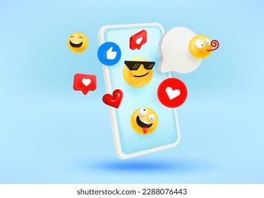 El concepto de uso de redes sociales o aplicaciones móviles con emoji. 3.ª ilustración vectorial

