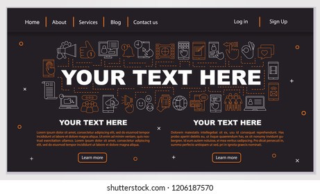 Social media web page design vector template. Blogging. Online communication. Website interface idea with linear illustrations. Landing page layout. Web banner, webpage color concept 