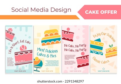Social media web page set with sweet cake offer. Delicious confectionery flat elements at network story collection, vector illustration. Buy dessert online promotion with colorful decoration