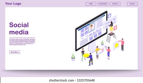 Social media web page vector template with isometric illustration. Online communication. Website interface design. Users likes and comments 3d concept. SMM. Social network. Blogging. Isolated clipart
