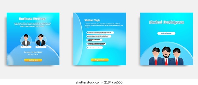 Social media webinar, conference, training, seminar, course post banner template layout design in blue background, glassmorphism style with transparent glass frame. Vector illustration