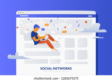 Social media webpage concept vector gradient illustration of young man sitting in the page using laptop for reading news, sharing memes. Flat people addicted to networks and online chat communication