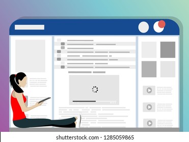 Social media webpage concept vector  illustration of young woman sitting in the page using laptop. Flat people addicted to networks and online chat communication