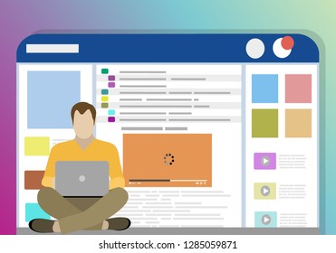 Social media webpage concept vector illustration of young man sitting in the page using laptop. Flat people addicted to networks and online chat communication