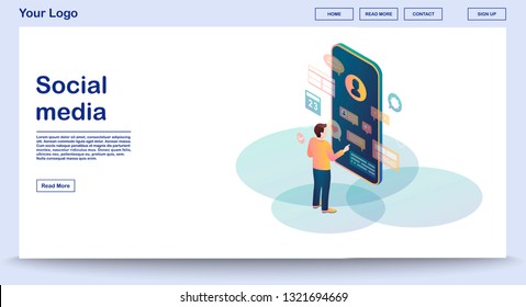 Social media webpage vector template with isometric illustration. Website interface design. Online communication. Augmented reality. Messenger. Chatting. Webpage, mobile app 3d concept
