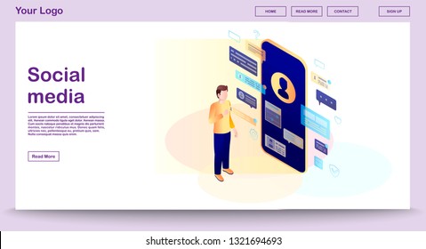 Social media webpage vector template with isometric illustration. Website interface design. Online communication. Augmented reality. Messenger. Chatting. Webpage, mobile app 3d concept