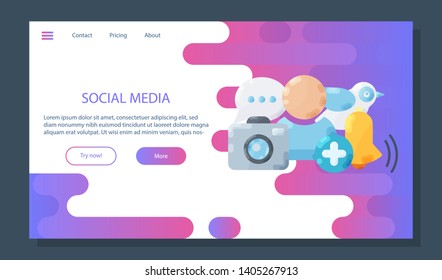 Social media website banner.  Marketing landing page concept. Social network web symbols flat style icons for mobile app, communication, network, comment, friend, like, share, media, posting
