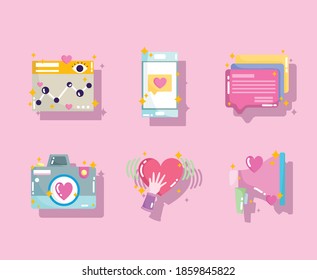 cámara de sitio web de medios sociales como iconos de la burbuja de la voz del teléfono en ilustración vectorial estilo caricatura