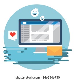 Sitios web de medios sociales de iconos de todo el equipo con símbolos de correo electrónico y chat