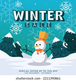 social media winter sale background with cute snowman