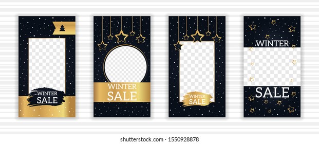 Social media winter stories with Christmas theme for goods promotion. Vector mobile story wallpaper layout on dark background