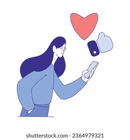 Social Media with Woman Character with Smartphone Liking Post and Follow Vector Illustration