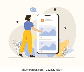 Social media. Woman communication in messengers, post interesting content in social networks. Reactions and comments. Flat vector illustration.	

