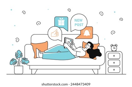 Social media woman linear. Young girl with smartphone communicate in social networks and messengers. User watch new post on internet. Doodle flat vector illustration isolated on white background
