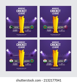 Social Media Women's Cricket Match Posts Or Template Set With Participating Countries Flag Badge And 3D Golden Winning Trophy Cup On Purple Stadium Background.