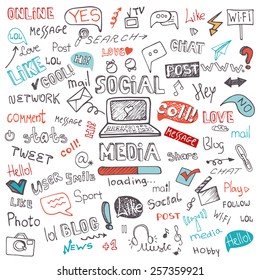 Social Media Word and Icons in Doodle sketchy.Hand drawing set.Colored vector,background.