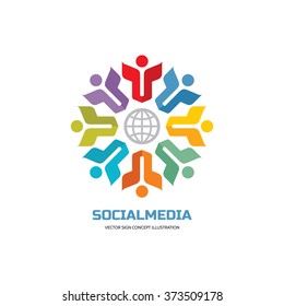 Social media of world - vector logo sign template. People group in flower structure and globe. Teamwork symbol. Friendship icon. Design elements.