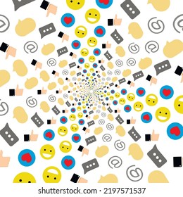 Mundo de medios sociales, espacio virtual para comunicar. Ilustración vectorial. Resumen de comunicación terrestre, signo creativo, comunidad emoticona, como concepto, datos de redes sociales, telecomunicaciones de innovación