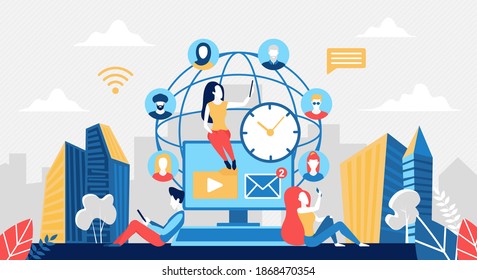 Social media worldwide network concept vector illustration. Cartoon people networking and meeting online, working or communicating with friend. Global communication, connection around world background
