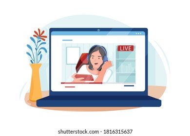 Social media young asian micro influencer in relax casual style at home. Vector Illustration concept.