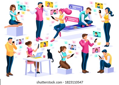 Social media, young girls chatting on female smartphones talking on video or social photos. Character app, photo and video on smartphone. Chat media group concept cartoon characters collection vector.