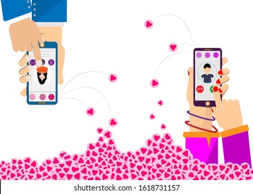 Social medial network.Hand use mobile phone sent marketing thumbs up and heart icon.Calling service,contact,technology,love.Vector Social Network and flat design vector concept.