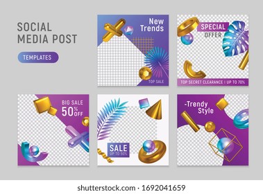 Social medial post checked paper shiny golden geometric objects templates realistic set web page design vector illustration  