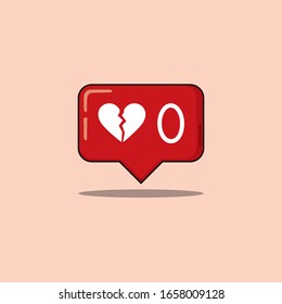 Social message life without likes, red message zero hearts, broken heart icon on a colored background