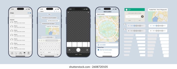 Social Messenger App UI Mockup on Smartphone – Modern Chat Interface Template with GPS Location, Dialogue Bubbles, Content Sharing, and Photo Capture