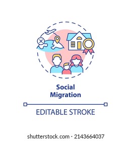 Social migration concept icon. Reunion with family. Reason to change location abstract idea thin line illustration. Isolated outline drawing. Editable stroke. Arial, Myriad Pro-Bold fonts used