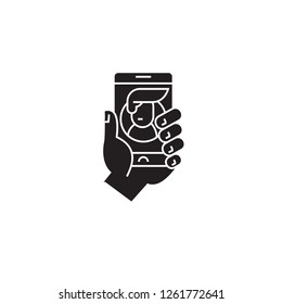 Social mobile network black vector concept icon. Social mobile network flat illustration, sign