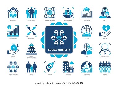 Conjunto de ícones de Mobilidade Social. Socioeconomia, Domicílio, Habitação, Família, Idade, Gênero, Raça, Movimento. Ícones sólidos de cor duotônica