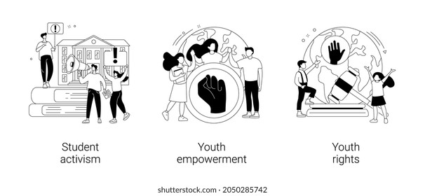 Conjunto de ilustraciones vectoriales del concepto abstracto del movimiento social. El activismo estudiantil, el empoderamiento de los jóvenes, la protección de los derechos de los jóvenes, la mayoría de edad, la construcción de la democracia, toman una metáfora abstracta de la acción.