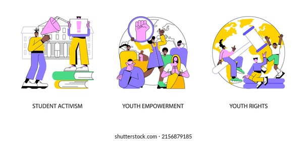 Social movement abstract concept vector illustration set. Student activism, youth empowerment, young people rights protection, age of majority, democracy building, take action abstract metaphor.