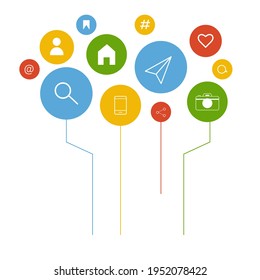Social multicolored icons. Like, message, search. Vector graphics