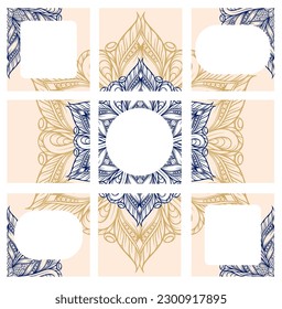 Social net seamless template. Ethnic style square backgrounds set.