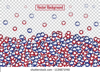 Las redes sociales pulgar azul como y corazón rojo flotando botones web aislados en fondo transparente. Iconos como y corazón para el video chat en vivo le gusta la caída de la plantilla de diseño vectorial de fondo. 