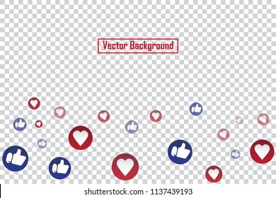 Social nets blue thumb up like and red heart floating web buttons isolated on transparent background. Like and heart icons for live stream video chat likes falling background vector design template. 