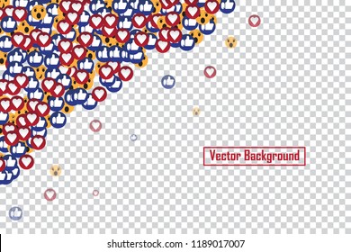 Social nets blue thumb up like and red heart floating web buttons isolated on transparent background. Like, smile and heart icons for live stream video chat likes falling background vector template