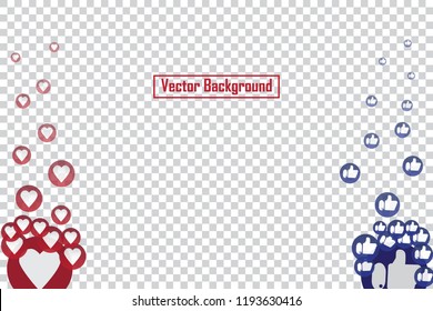 Social nets blue thumb up like and red heart floating web buttons isolated on transparent background. Like and heart icons for live stream video chat likes falling background vector design template. 