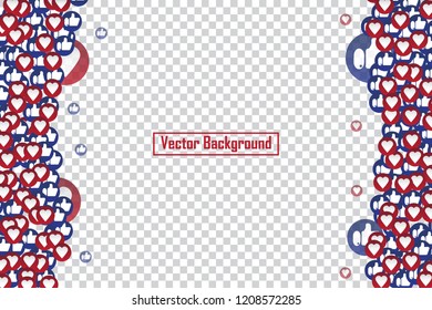 Social nets blue thumb up like and red heart floating web buttons isolated on transparent background. Like and heart icons for live stream video chat likes falling background vector design template. 