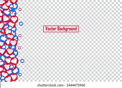 Social nets blue thumb up like and red heart floating web buttons isolated on transparent background. Like and heart icons for live stream video chat likes falling background vector design template. 