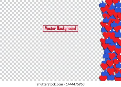 Social nets blue thumb up like and red heart floating web buttons isolated on transparent background. Like and heart icons for live stream video chat likes falling background vector design templat