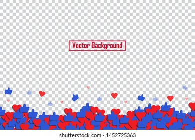 Social nets blue thumb up like and red heart floating web buttons isolated on transparent background. Like and heart icons for live stream video chat likes falling background vector design template. 