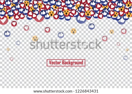 Social nets blue thumb up like and red heart floating web buttons isolated on transparent background. Like, smile and heart icons for live stream video chat likes falling background vector template