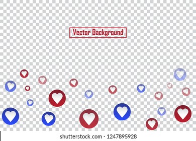 Social nets red and blue heart floating web buttons isolated on transparent background. Heart icons for live stream video chat likes falling background vector template